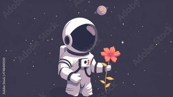 Fototapeta cute astronaut holding a flower in his hands, generative ai
