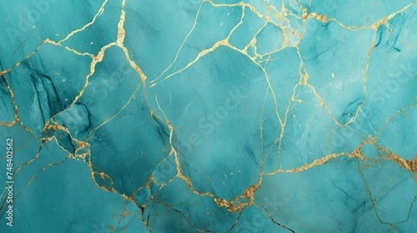 Fototapeta illustration of turquoise marble texture background with cracked gold details generative ai