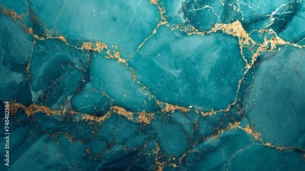 Fototapeta illustration of turquoise marble texture background with cracked gold details generative ai