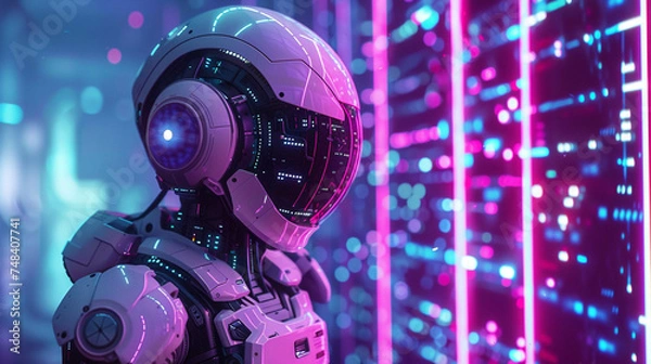 Fototapeta Futuristic Robot with Glowing Visor and Neon Lights