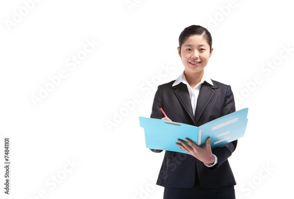 Fototapeta 서서 제스처를 취하는 아시안 비즈니스 우먼
