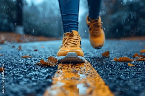 Fototapeta Close-up of a person's shoe while walking. Suitable for accompanying articles about the walking benefits, articles recommending places to walk for exercise, posting pictures with quotes about walking