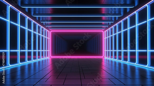 Fototapeta Pusty nowoczesny budynek z długim tunelem i perspektywą ciemnego korytarza w architektonicznym renderowaniu 3D