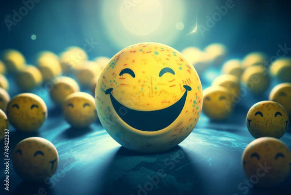 Obraz A colorful globe surrounded by smiling faces representing diverse cultures. This image symbolizes global unity, joy, and the harmony that connects people across different cultures around the world.