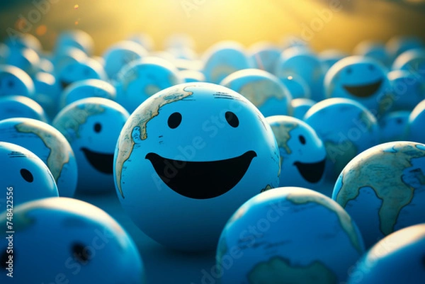 Obraz Illustration of a globe surrounded by smiling faces representing cultural diversity and global unity. World harmony concept