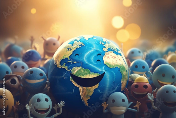 Obraz Detailed globe surrounded by smiling faces representing global cultural diversity and unity. World peace concept