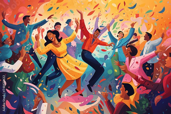 Obraz A colorful illustration of people laughing and enjoying time together in a vibrant park. Community and joy concept
