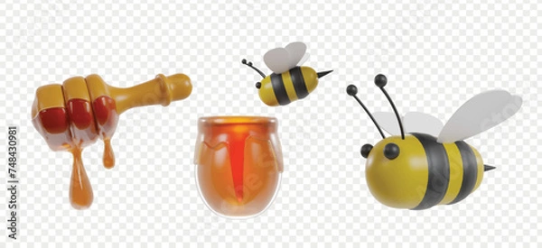 Fototapeta Honey and Bee 3d icons render clipart for UI UX, landing page, illustration, or buttons.