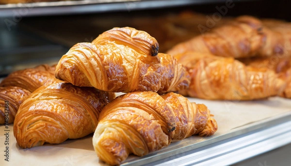 Fototapeta Croissants at the bakery, selective focus; place for your text