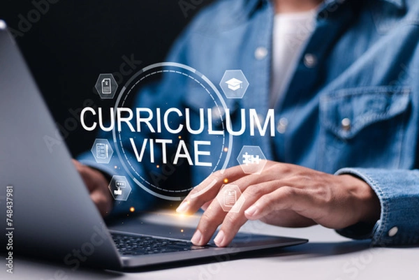 Fototapeta CV, Curriculum vitae concept. Find job, interview web online, Search vacancy, write resume. Businessman use laptop with curriculum vitae icon on virtual screen.