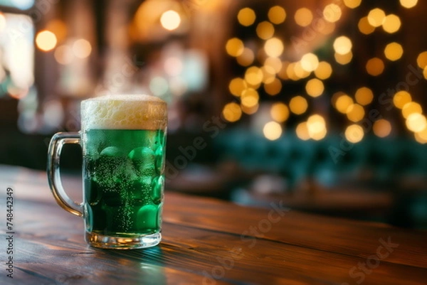Fototapeta Green beer in a mug on a bar counter with bokeh lights. Green beer photo for St Patrick’s day celebration banner with copy space for text. St Patrick Day Concept.