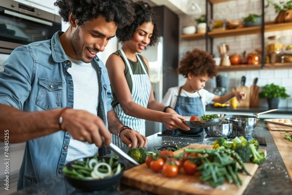 Fototapeta A cheerful family of four is engaged in cooking a healthy meal together in their sunlit, contemporary kitchen