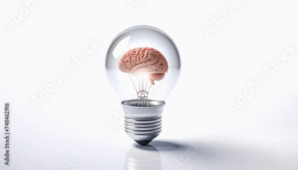 Fototapeta A lightbulb on a pure white background, with a human brain inside