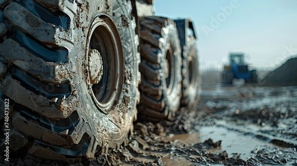 Fototapeta Row of large, muddy tires lined up at a construction site, with heavy machinery visible in the background.