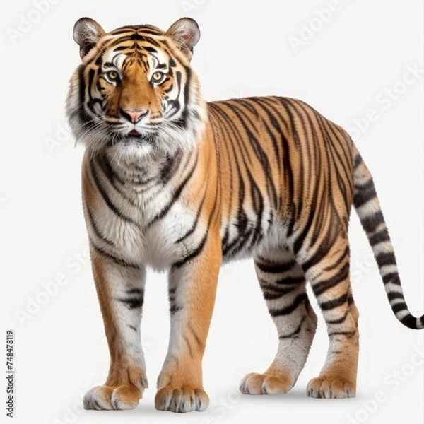 Fototapeta A full-body shot of a tiger on a white background.
