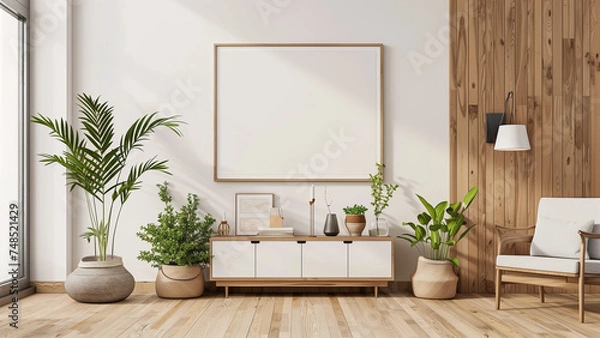 Fototapeta Sleek Showcase: Blank Poster Mockup in a Clean, Gray Modern Interior