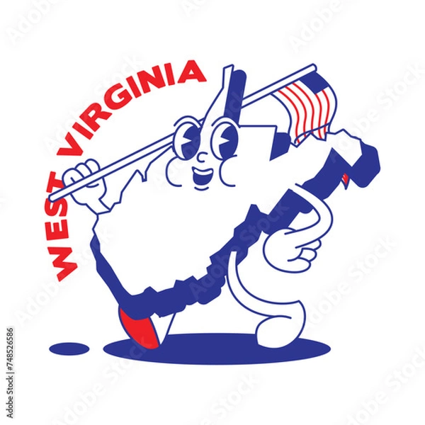 Fototapeta West Virginia State retro mascot with hand and foot clip art. USA Map Retro cartoon stickers with funny comic characters and gloved hands. Vector template for website, design, cover, infographics.