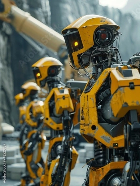 Fototapeta Futuristic robot working on construction site