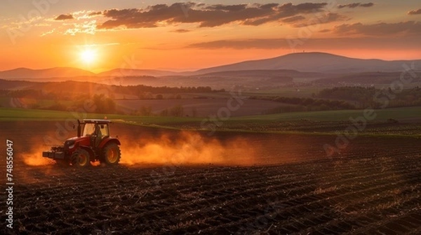 Fototapeta Agricultural workers with tractors. Ploughing a field with tractor at sunset