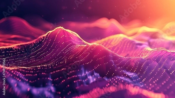 Fototapeta 3D rendering of a mountain landscape with glowing particles.