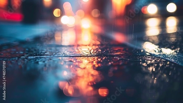 Fototapeta City lights reflecting off a wet street at night. The blurred lights in the background create a sense of mystery and intrigue.