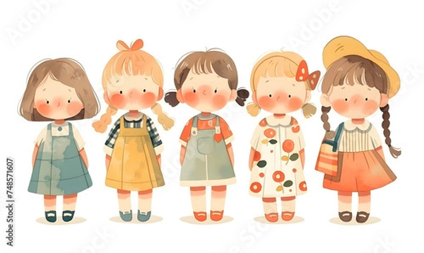 Fototapeta Cute cartoon children standing in a row, Generative AI 