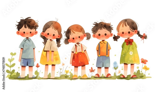 Fototapeta Cute cartoon children standing in a row, Generative AI 