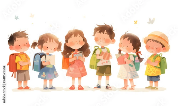 Fototapeta Cute cartoon children standing in a row, Generative AI 