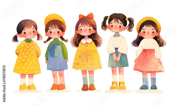 Obraz Cute cartoon children standing in a row, Generative AI 