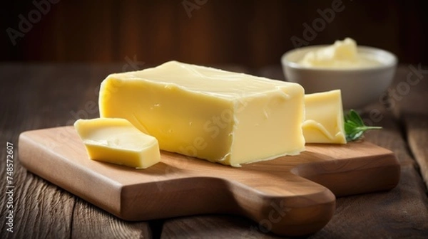 Fototapeta A white or light yellow piece of fresh butter. Healthy fats and carbohydrates. A nutritious breakfast. Home production, farming.