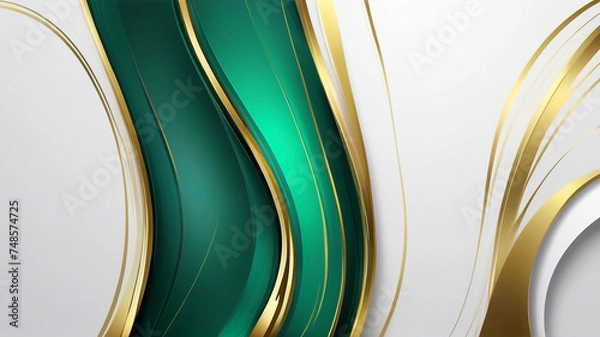 Obraz Abstract line wave background with white, gold and green emerald colors