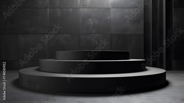 Fototapeta 3D rendering of a dark and moody product display stage. The stage is made of black metal and has a spotlight shining down on it.