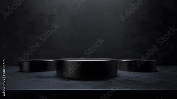 Fototapeta 3D rendering of a dark and moody product display. The three black cylinders are set against a dark background, with a spotlight shining down on them.