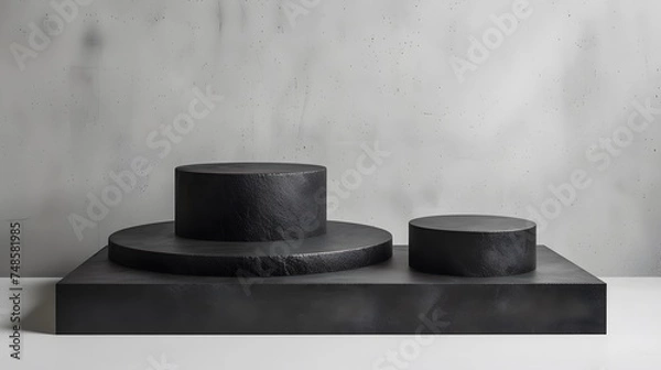 Fototapeta 3D rendering of a black podium with a concrete background. The podium is made of two cylinders of different heights.
