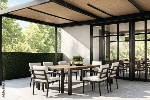 Obraz Outdoor Dinning Area - Covered Patio with Stylish Table and Chairs