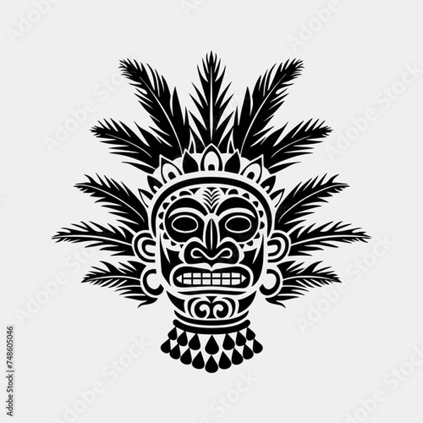 Fototapeta black and white vector illustration of a skull with feathers.