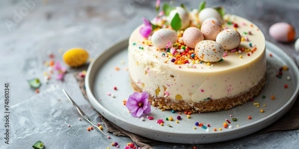Obraz Easter Egg Cheesecake festive Easter dessert, mini eggs, spring flowers, space for text