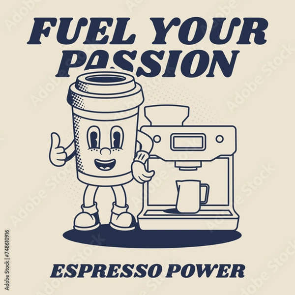 Obraz Retro Mascot Character Illustration of Coffee Cup and Coffee Machine in Outline Version