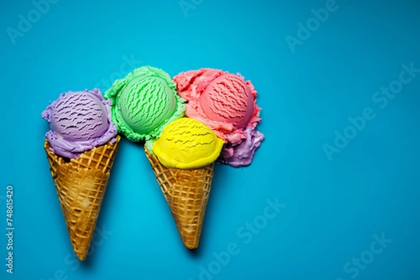 Fototapeta Colorful ice cream scoops in waffle cones on blue background