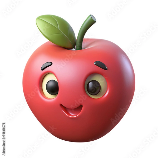 Fototapeta Smiling 3d cartoon red apple with green leaf isolated on transparent background.