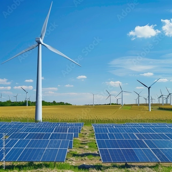 Obraz Golden Fields with Solar Panels and Windmills