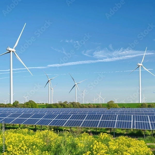 Obraz Sunlit Solar Fields and Windmills Generating Clean Energy