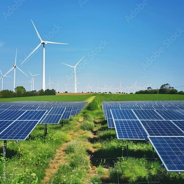 Obraz Windmills Over Solar Field at Sunset