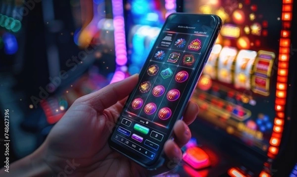 Fototapeta A gamer holding a mobile phone with online casino app interface, neon glowing