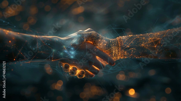 Obraz Handshake between digital partners. Digital twins and artificial intelligence processes for computer-aided manufacturing.