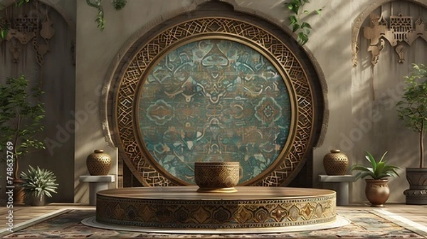 Fototapeta Islamic display podium decoration background. Concept of islamic celebration ramadan kareem or eid al fitr adha Eid Mubarak with podium, 3D illustration. Generative Ai