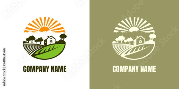 Fototapeta Farm House concept logo. Template with farm landscape. Black logotype isolated on white background. Vector illustration.