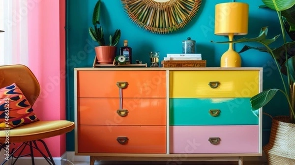 Fototapeta Vibrant Accessory Dresser in Colorful Modern Interior
