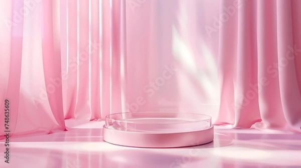 Obraz Modern background platform with pink glass podium. Background 3d rendering crystal modern podium platform. stand show cosmetic product. Stage showcase on pedestal modern 3d studio. Generative Ai
