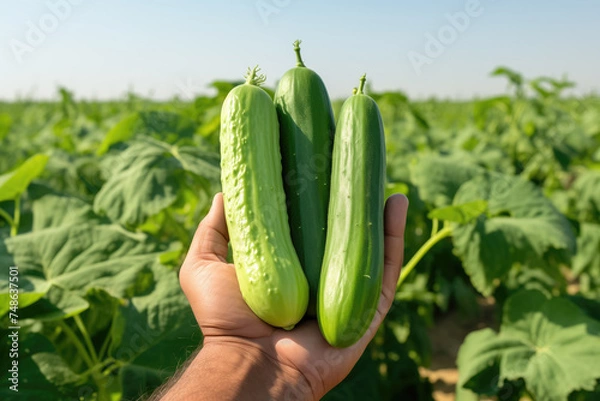 Fototapeta A hand displays three fresh cucumbers with a lush cucumber plant field in the background.